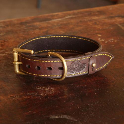 The Simonstown Dog Collar - 50mm, brass finishes, logo, leather products, holes, yellow stitching, brass studs, handcrafted