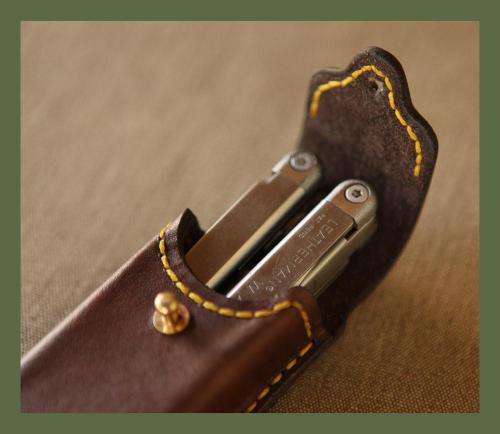 The Milnerton Leatherman Sheath, brass stud, yellow stitching, tools, leather product, handcrafted, Leatherman