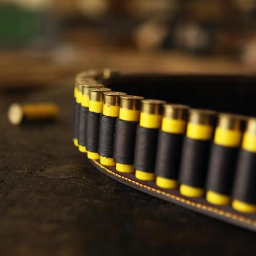 The Rouxville Shotgun Cartridge Belt, cartridges, yellow stitching, yellow, black, leather products, handcrafted