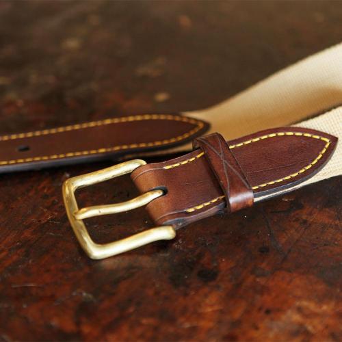 The Middelburg Canvas Waist Belt, brass buckle, leather, yellow stitching, canvas, leather belt