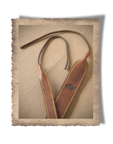 The Wilderness Leather Rifle Sling, leather sling, hunting, embossing, leather straps, yellow stitching