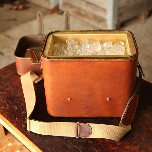 brass lining, leather product, lid, straps, ice, handmade