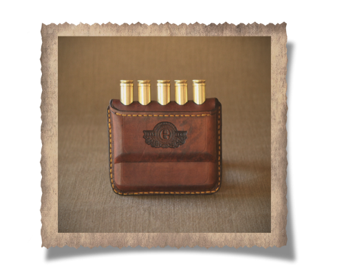 Rhodes Cartridge Wallet, cartridges, logo, yellow stitching, leather product, handcrafted