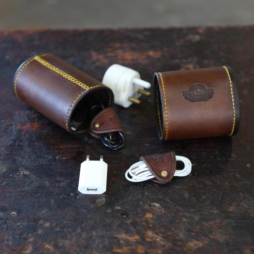 The Durban Phone Charger Pouch, chargers, adapter, USB, yellow stitching, leather product, leather pouch, logo, handcrafted