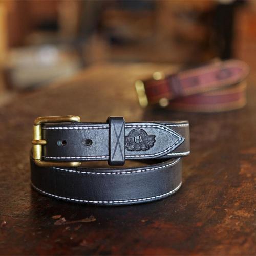 The Middelburg Leather Waist Belt, black, logo, leather product, brass buckle, white stitching, handcrafted