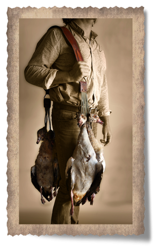 The Barberton Goose Carry Strap with Bird Carriers, birds, man, cary strap, shirt, pants, leather product, handcrafted